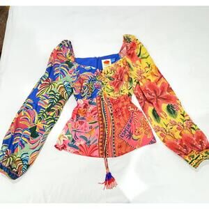 Farm Rio Anthropologie Tropical Floral Print Multicolor Puff Sleeve Top- Size Xs